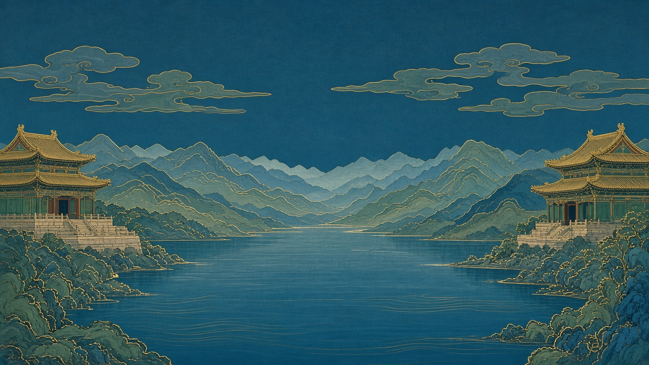 Two palace halls in mineral blue and green, one on each side of a river, with gold lines on the roofs, the clouds, and the water